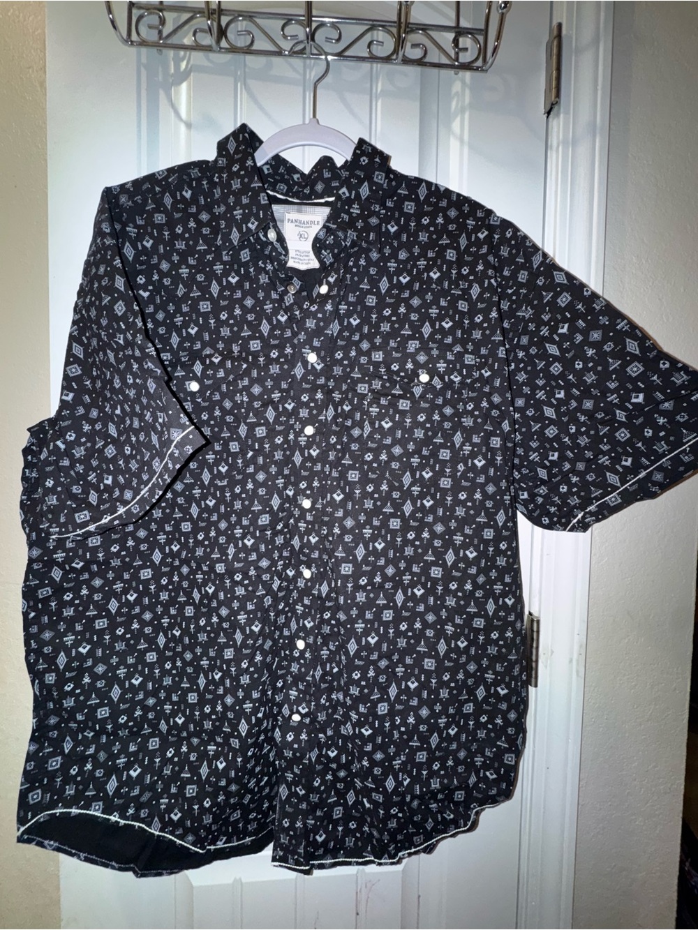 Black Short-Sleeve Printed Button-Up Dress Shirt